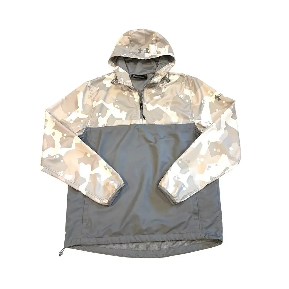 Under Armour Windbreaker Mens Med Gray Camo Hooded Pullover 1/4 Zip Lightweight